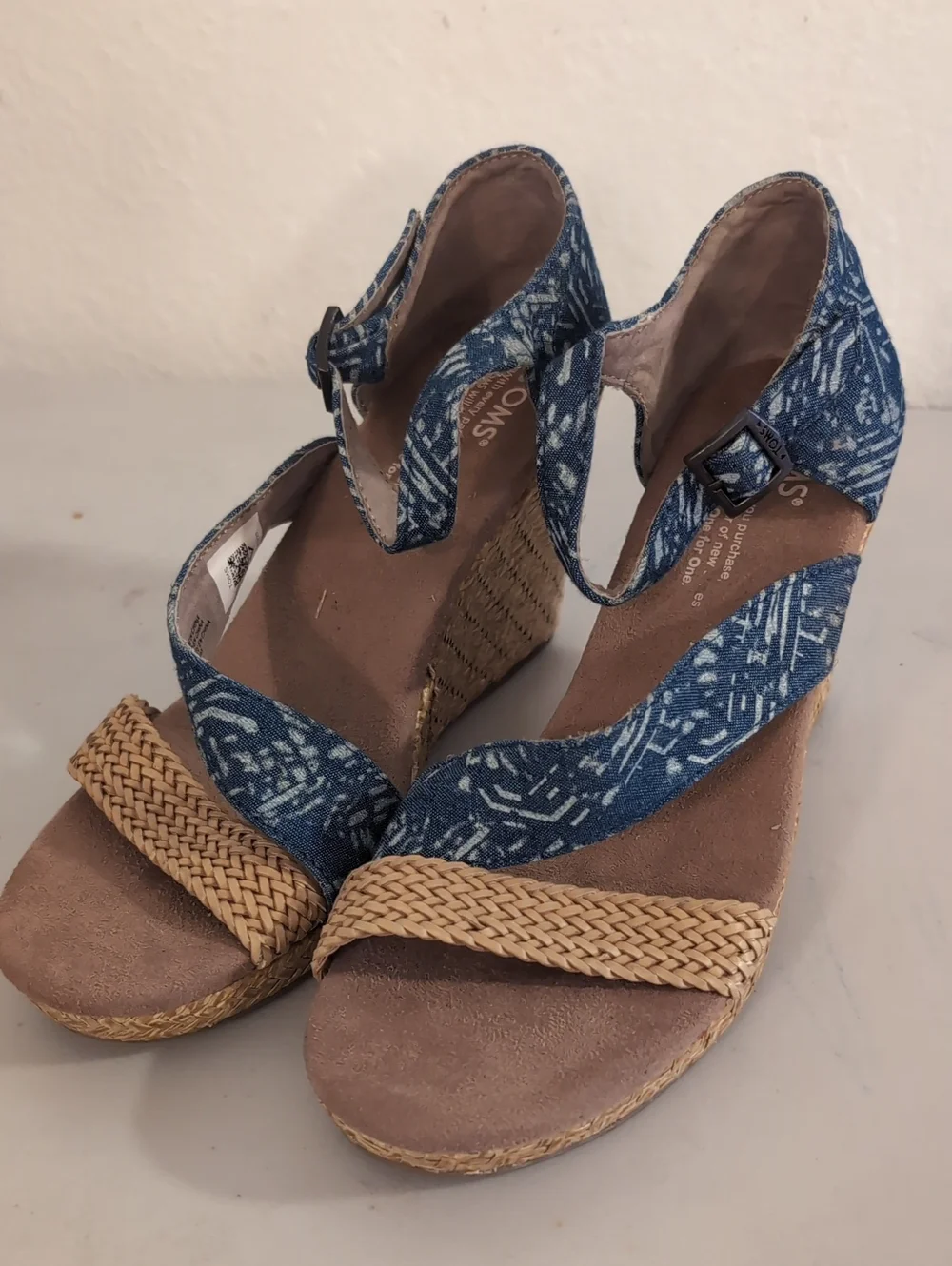 TOMS Blue Patterned Wedge Sandals with Braided Detail New Without Tags